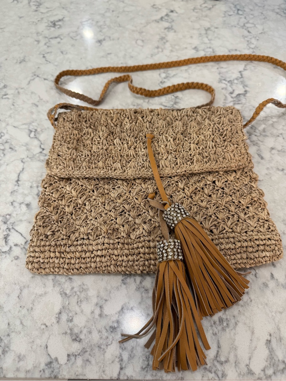 Tommy Bahama Raffia and Leather Crossbody with crystal embellished tassels NWOT